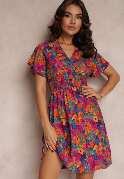 Różowo-Granatowa Krótka Sukienka w Kwiaty z Szeroką Gumką w Pasie Meles. Czerwone sukienki Renee, na lato, l, z aplikacjami, z wiskozy, bez kołnierzyka, bez ramiączek, mini, kopertowe. Za 59.99 zł.