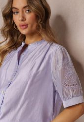 Fioletowa Koszula z Haftowanymi Rękawami Blam. Fioletowe koszule Renee, l, bez wzorów, z jedwabiu, eleganckie, bez kołnierzyka, bez ramiączek. Za 84.99 zł.