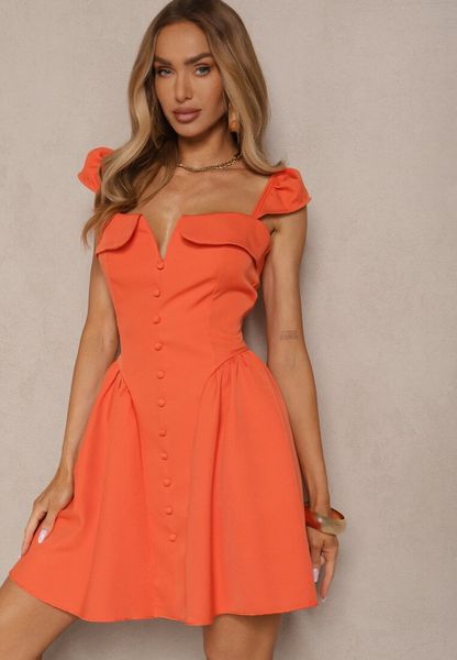 Pomarańczowa Sukienka o Rozkloszowanym Kroju na Ramiączkach z Ozdobnym Dekoltem Salaviel. Brązowe sukienki Renee, na co dzień, l, bez wzorów, eleganckie, bez kołnierzyka, bez ramiączek, mini, kopertowe. Za 159.99 zł.