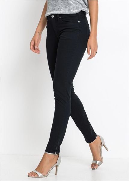 Jeansy skinny, mid waist, cropped. Czarne jeansy bonprix, bez wzorów. Za 142.99 zł.