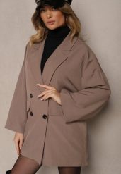Ciemnobeżowa Oversizowa Marynarka z Klapami i Dwurzędowym Zapięciem Sinthelis. Brązowe marynarki i żakiety Renee, z aplikacjami, eleganckie. Za 139.99 zł.
