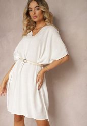 Biała Pudełkowa Sukienka z Bawełny z Krótkim Rękawem i Trójkątnym Dekoltem Vikana. Białe sukienki Renee, na imprezę, l, bez wzorów, z bawełny, eleganckie, bez kołnierzyka, plus size, bez ramiączek, midi. Za 44.99 zł.