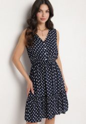 Granatowa Sukienka z Wiskozą i Bawełną w Kropki Lilivena. Niebieskie sukienki Born2be, na co dzień, m, bez wzorów, z bawełny, eleganckie, bez kołnierzyka, bez ramiączek, mini. Za 39.99 zł.