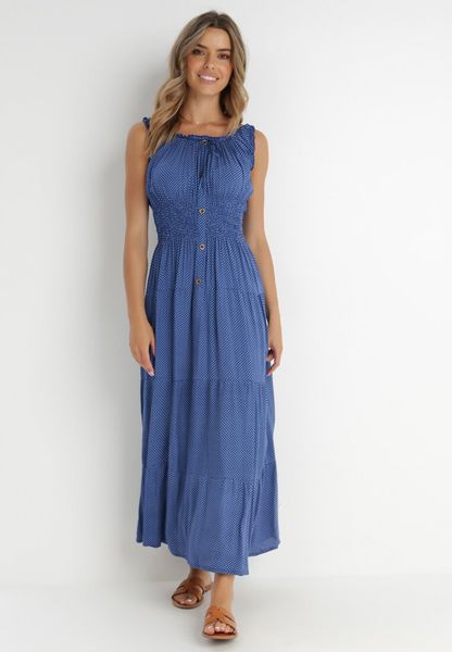 Niebieska Sukienka Abill. Niebieskie sukienki Born2be, na lato, l, bez wzorów, boho, bez kołnierzyka, bez ramiączek, maxi. Za 109.99 zł.