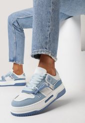 Niebieskie Sneakersy na Platformie z Ozdobnym Sznurowaniem Awidea. Niebieskie obuwie sportowe Born2be, z jeansu, bez zapięcia. Za 89.99 zł.