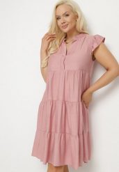 Ciemnoróżowa Sukienka o Rozkloszowanym Kroju z Dekoltem w Serek Meverina. Czerwone sukienki Born2be, na co dzień, uniwersalny, z aplikacjami, eleganckie, bez kołnierzyka, bez ramiączek, midi, proste. Za 59.99 zł.