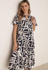 Granatowa Pudełkowa Sukienka z Wiskozy w Geometryczny Wzór Perante. Niebieskie sukienki Born2be, na co dzień, l, bez wzorów, z wiskozy, eleganckie, bez kołnierzyka, bez ramiączek, midi, proste. Za 99.99 zł.