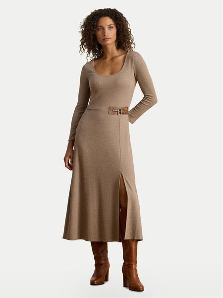 LAUREN RALPH LAUREN Sukienka dzianinowa 200980038001 Beżowy Slim Fit. Brązowe sukienki Lauren Ralph Lauren, bez wzorów, z bawełny, bez kołnierzyka, bez ramiączek. Za 1,069.00 zł.