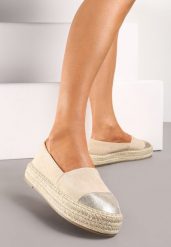 Beżowe Espadryle z Brokatowym Noskiem i Plecioną Podeszwą Plaora. Brązowe espadryle Renee, bez wzorów, bez obcasa, na platformie, bez zapięcia. W wyprzedaży za 59.49 zł.