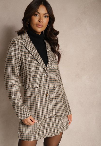 Beżowa Marynarka Jednorzędowa z Wiskozą Ozdobiona Kieszeniami i Kratą Ninnelle. Brązowe marynarki i żakiety Renee, l, bez wzorów, z wiskozy, eleganckie. Za 169.99 zł.