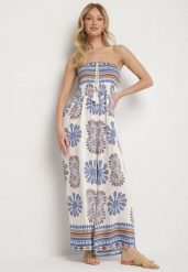 Niebiesko-Kremowy Kombinezon Bez Rękawów z Szeroką Nogawką w Ornamentalny Wzór Mirionia. Niebieskie sukienki Born2be, na co dzień, na lato, l, bez wzorów, eleganckie, bez kołnierzyka, bez ramiączek, proste. Za 69.99 zł.