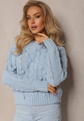 Niebieski Grubo Pleciony Sweter z Wełną i Bawełną Bavime. Niebieskie swetry Renee, l, bez wzorów, z bawełny, bez ramiączek. Za 84.99 zł.