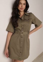 Zielona Sukienka Koszulowa w stylu Safari z Paskiem Risielle. Zielone sukienki Born2be, do pracy, l, bez wzorów, biznesowe, bez kołnierzyka, bez ramiączek, mini, dopasowane. Za 229.99 zł.