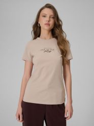 4F T-shirt slim z nadrukiem damski - beżowy XXL. Brązowe t-shirty 4f, l, bez wzorów, z jeansu, bez kołnierzyka, bez ramiączek. Za 49.99 zł.