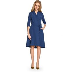 Sukienka na zakładkę s099. Niebieskie sukienki Style, do pracy, s, bez wzorów, biznesowe, z asymetrycznym kołnierzem, bez ramiączek, asymetryczne. W wyprzedaży za 109.00 zł.