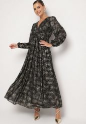 Czarna Sukienka o Rozkloszowanym Kroju z Gumką w Talii Zdobiona Metalicznym Nadrukiem Venalenne. Czarne sukienki Born2be, l, z aplikacjami, eleganckie, bez kołnierzyka, bez ramiączek, rozkloszowane. Za 159.99 zł.