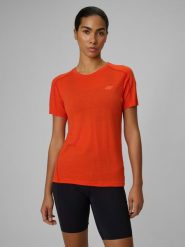 4F Koszulka trekkingowa z wełną merino damska - pomarańczowa M. Brązowe bluzki 4f, l, bez wzorów, z tkaniny, wizytowe, bez kołnierzyka, bez ramiączek. Za 199.99 zł.