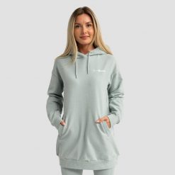 Bluza damska fitness z kapturem długa eukaliptowa Limitless Longline. Zielone bluzy GYMBEAM, l, bez wzorów, z bawełny, z kapturem. Za 127.90 zł.