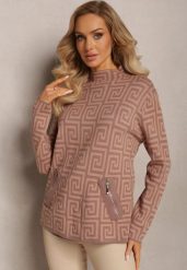 Ciemnobeżowy Sweterkowy Półgolf z Dzianiny o Geometrycznym Motywie i Dodatkowymi Zamkami Vulla. Brązowe swetry Renee, bez wzorów, z dzianiny, bez ramiączek. Za 79.99 zł.
