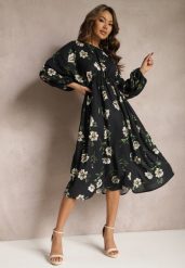 Czarno-Beżowa Midi Sukienka w Kwiaty o Rozkloszowanym Kroju z Rękawami Nietoperz Jervia. Czarne sukienki Renee, l, bez wzorów, eleganckie, bez kołnierzyka, bez ramiączek, midi, rozkloszowane. Za 49.99 zł.