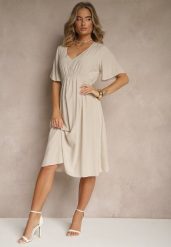 Beżowa Rozkloszowana Sukienka z Bawełnianej Tkaniny Lirioneae. Brązowe sukienki Renee, na co dzień, l, bez wzorów, z bawełny, eleganckie, bez kołnierzyka, bez ramiączek, midi, rozkloszowane. Za 49.99 zł.