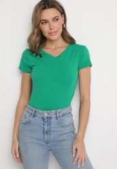 Ciemnozielony T-shirt z Bawełny z Trójkątnym Dekoltem Semiora. Zielone t-shirty Born2be, m, bez wzorów, z bawełny, bez kołnierzyka, bez ramiączek. W wyprzedaży za 31.99 zł.