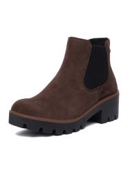 Rieker Botki CEO-79265-25 Brązowy ciemny. Brązowe botki Rieker, bez wzorów, ze skóry, bez obcasa, na słupku, bez zapięcia. Za 399.99 zł.