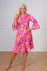 Koralowa sukienka Madlen w kwiaty z falbankami XXL OVERSIZE WIOSNA. Pomarańczowe sukienki Moda Size Plus Iwanek, na co dzień, na wiosnę, s, bez wzorów, z elastanu, bez kołnierzyka, bez ramiączek, mini, oversize. W wyprzedaży za 99.90 zł.