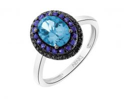 Pierścionek z białego złota z czarnymi diamentami, szafirami i topazem London Blue - próba 585. Białe pierścionki Apart, z diamentem, złote. Za 3,190.00 zł.