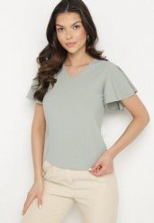 Zielona Bluzka z Szerokimi Rękawami Sunevia. Zielone bluzki Born2be, m, bez wzorów, z jeansu, eleganckie, bez kołnierzyka, bez ramiączek. Za 29.99 zł.