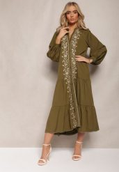 Ciemnozielona Midi Sukienka o Trapezowym Kroju z Ozdobnymi Haftami w Stylu Boho Tactila. Zielone sukienki Renee, na jesień, l, bez wzorów, boho, bez kołnierzyka, bez ramiączek, midi, rozkloszowane. Za 149.99 zł.
