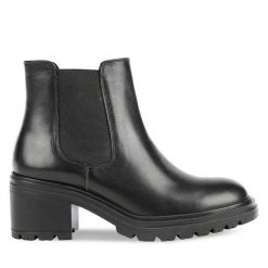 Sztyblety Geox. Czarne botki Geox, bez wzorów, bez obcasa, na słupku, bez zapięcia. Za 549.99 zł.