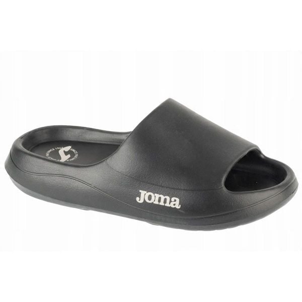 Klapki Damskie Logo. Czarne klapki Joma, bez wzorów, z syntetyku, z otwartym noskiem, bez obcasa, na obcasie. Za 198.99 zł.