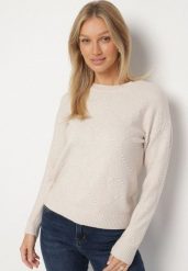 Jasnobeżowy Sweter Ozdobiony Motywem Serc Unisae. Brązowe swetry Born2be, l, bez wzorów, z jeansu, bez ramiączek. Za 79.99 zł.