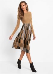 Rozkloszowana sukienka dzianinowa żakardowa. Brązowe sukienki bonprix, bez wzorów, z dzianiny, bez kołnierzyka, bez ramiączek, rozkloszowane. Za 134.99 zł.