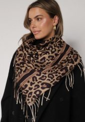 Ciemnobrązowy Panterkowy Szalik z Wiskozy Zdobiony Frędzlami Ferenea. Brązowe szaliki Born2be, z aplikacjami, z wiskozy, eleganckie. Za 39.99 zł.