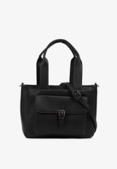 Czarna Torebka Typu Shopper z Klamerką i Dodatkowym Paskiem Crossbody Kolarienna. Czarne torebki klasyczne Renee, bez wzorów, z jeansu, na ramię, bez dodatków. Za 79.99 zł.