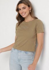 Ciemnozielony Bawełniany T-shirt Ozdobiony Cyrkoniami i Brokatem Halirea. Zielone t-shirty Born2be, m, z aplikacjami, z bawełny, bez kołnierzyka, bez ramiączek. Za 34.99 zł.