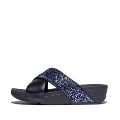 Klapki damskie FitFlop Lulu Crystal-Mix Metallic Cross. Niebieskie klapki FIT FLOP, bez wzorów, bez obcasa. Za 477.50 zł.