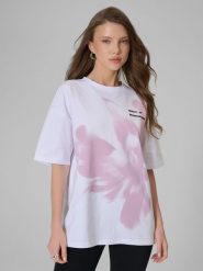 4F T-shirt loose z nadrukiem damski - biały XS. Białe t-shirty 4f, xs, bez wzorów, z dzianiny, bez kołnierzyka, bez ramiączek. Za 69.99 zł.