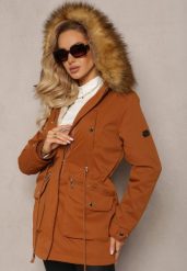 Brązowa Ocieplana Parka Kurtka z Kapturem i Podszewką z Możliwością Odpięcia Okava. Brązowe kurtki Renee, l, bez wzorów, z kapturem. Za 249.99 zł.