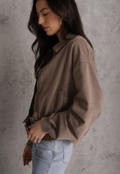 Beżowa Bluza Bomberka z Bawełny Oversize Ozdobiona Kołnierzem Vimelles. Brązowe bluzy Renee, m, bez wzorów, z bawełny, bez kaptura. Za 149.99 zł.