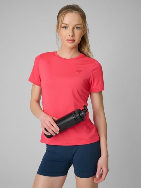 4F Koszulka treningowa regular szybkoschnąca damska - czerwona XL. Czerwone bluzki 4f, xl, bez wzorów, bez kołnierzyka, bez ramiączek. Za 79.99 zł.