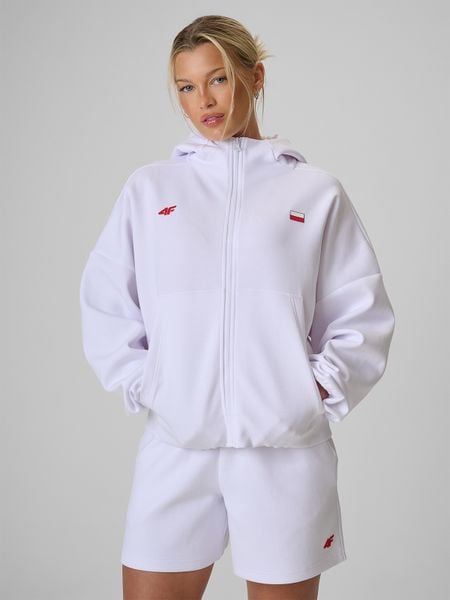 4F Bluza kibica regular z kapturem damska - biała L. Białe bluzy 4f, l, bez wzorów, z dresówki, z kapturem. W wyprzedaży za 139.99 zł.