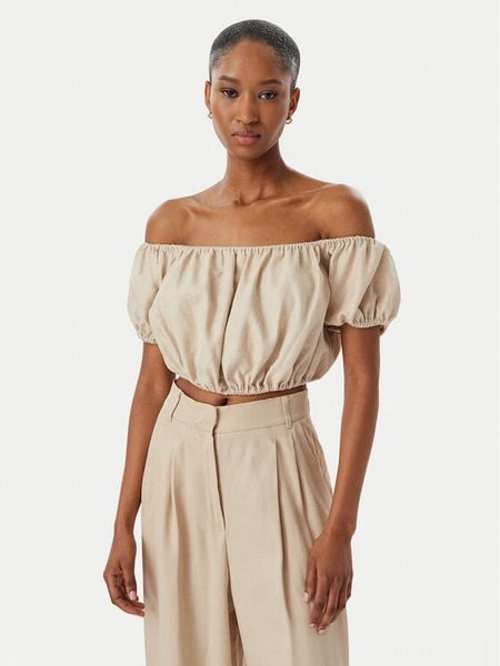 Guess Bluzka W6GHA1 W2447 Beżowy Regular Fit. Brązowe bluzki Guess, xl, z aplikacjami, ze lnu, bez kołnierzyka, bez ramiączek. Za 207.99 zł.