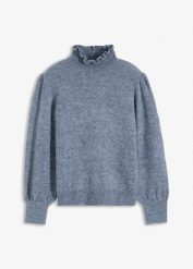 Sweter z golfem i falistym wykończeniem. Szare golfy bonprix, bez wzorów, bez ramiączek. Za 129.99 zł.
