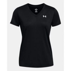 Koszulka treningowa damska Under Armour UA Tech V-Neck. Czarne bluzki Under Armour, bez wzorów, sportowe, bez kołnierzyka, bez ramiączek. Za 85.99 zł.