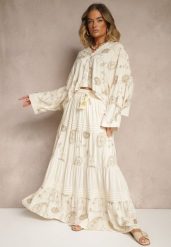 Beżowy Wiskozowy Komplet Boho z Koszulą o Nietoperzowym Kroju i Spódnicą Separia. Brązowe koszule Renee, l, z aplikacjami, z materiału, boho, bez kołnierzyka, bez ramiączek. Za 179.99 zł.