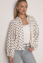 Jasnobeżowa Bluza w Groszki z Wiskozą o Nietoperzowym Kroju z Kołnierzykiem Rayo. Brązowe bluzy Born2be, l, bez wzorów, z jeansu, bez kaptura. Za 189.99 zł.