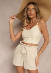 Beżowe Szorty High Waist ze Sznurkiem Olnelia. Brązowe szorty Renee, bez wzorów, sportowe, z podwyższonym stanem. Za 34.99 zł.